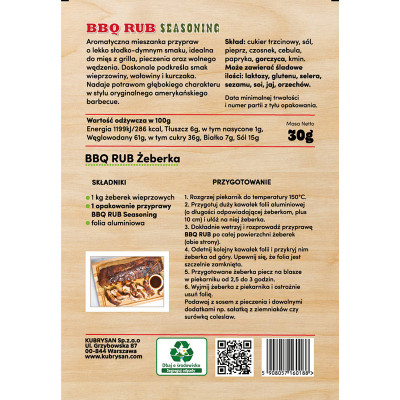 Przyprawa Żeberka z grilla BBQ Rub seasoning 30g KUBRYSAN